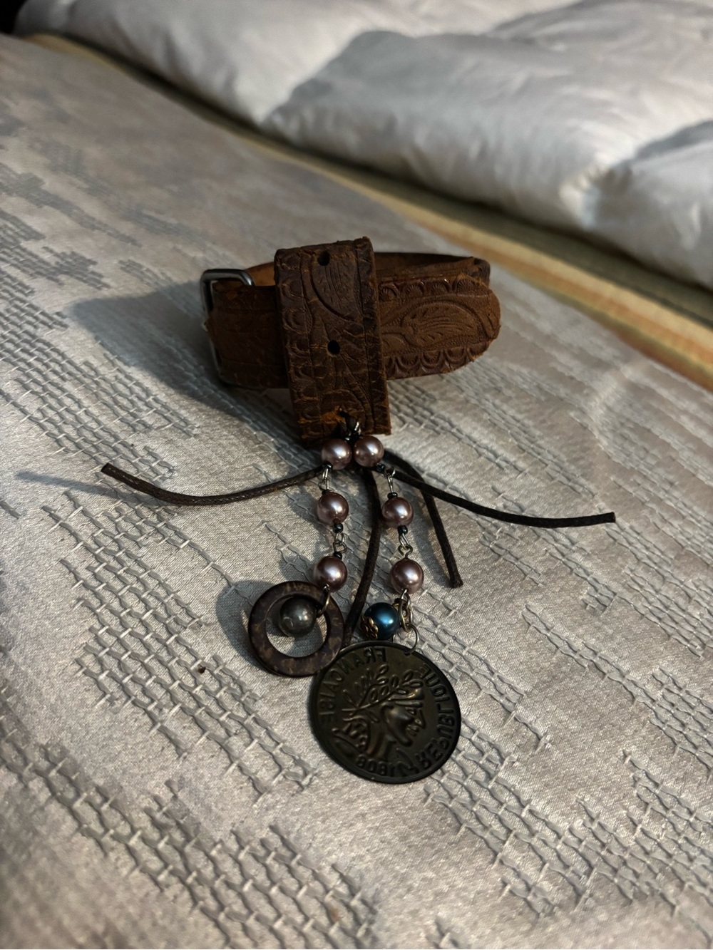 Brown Tooled Leather Bracelet with Coin Charms